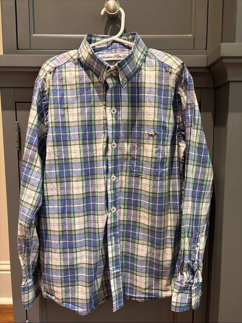 Boys Plaid Button-Down Shirt in Blue & Green